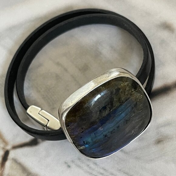 MARK WHITE DESIGNS Labradorite & Sterling Leather Wrap Bracelet is One of a Kind - Picture 5 of 6